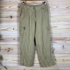 Sunny Leigh Cargo Pants Womens 6 Tan 100% Linen Straight Leg Utility Trousers